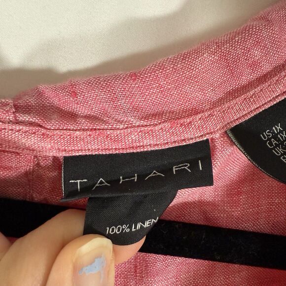 Tahari 100% Linen Hooded Women's 1X Red Lightweight Vneck 3/4 Sleeve - Picture 4 of 10